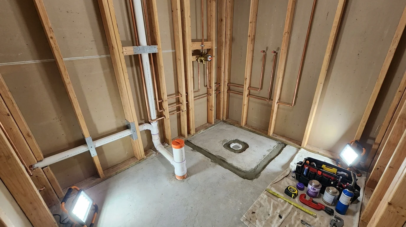 Bathroom rough-in plumbing during remodel by Johns Plumbing LLC in Mead