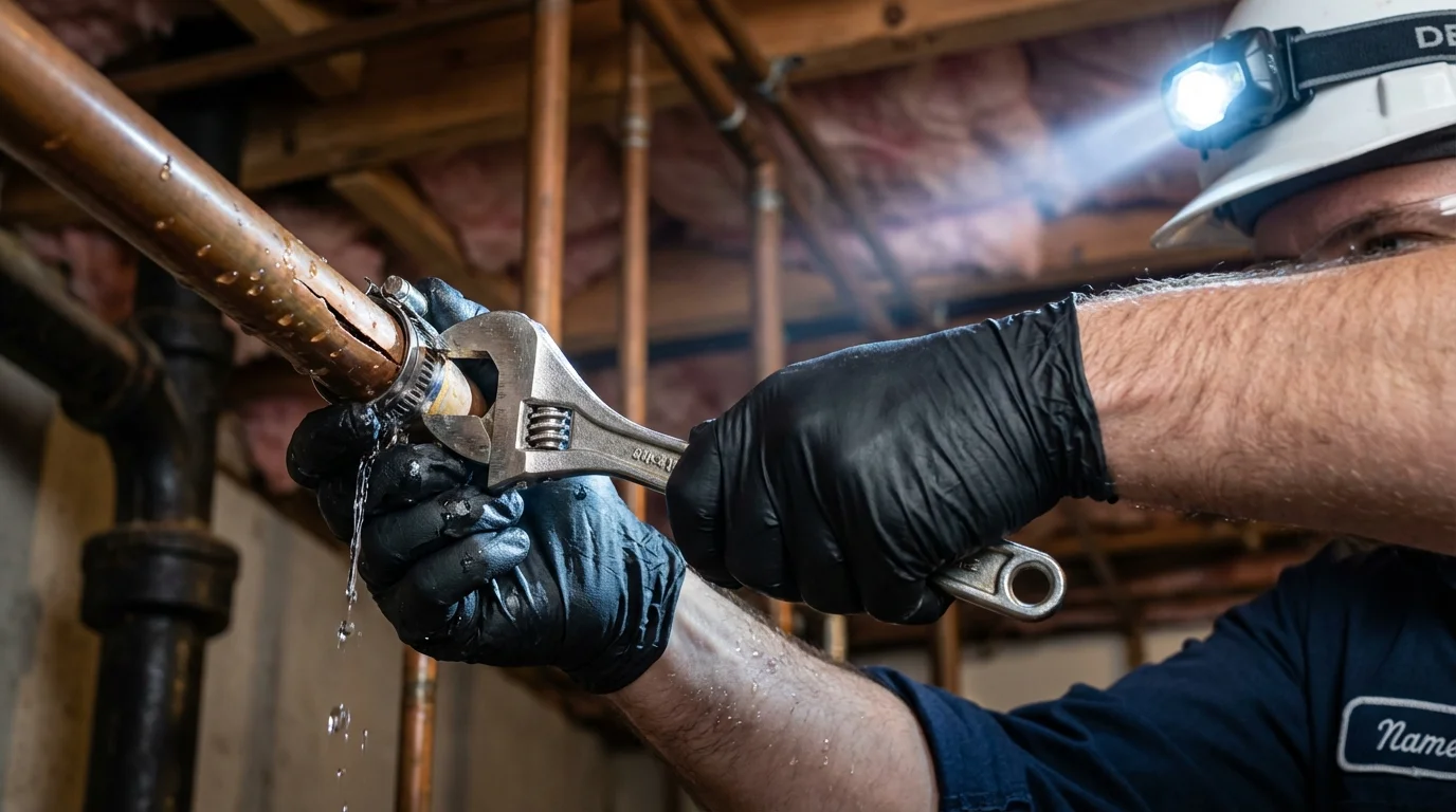 Emergency pipe clamp repair being performed by a Johns Plumbing LLC plumber in Mead