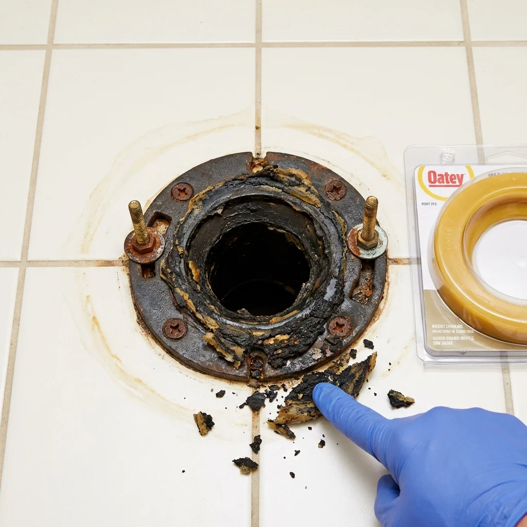Failed wax ring showing water seepage at the base of a toilet in a Mead, CO home