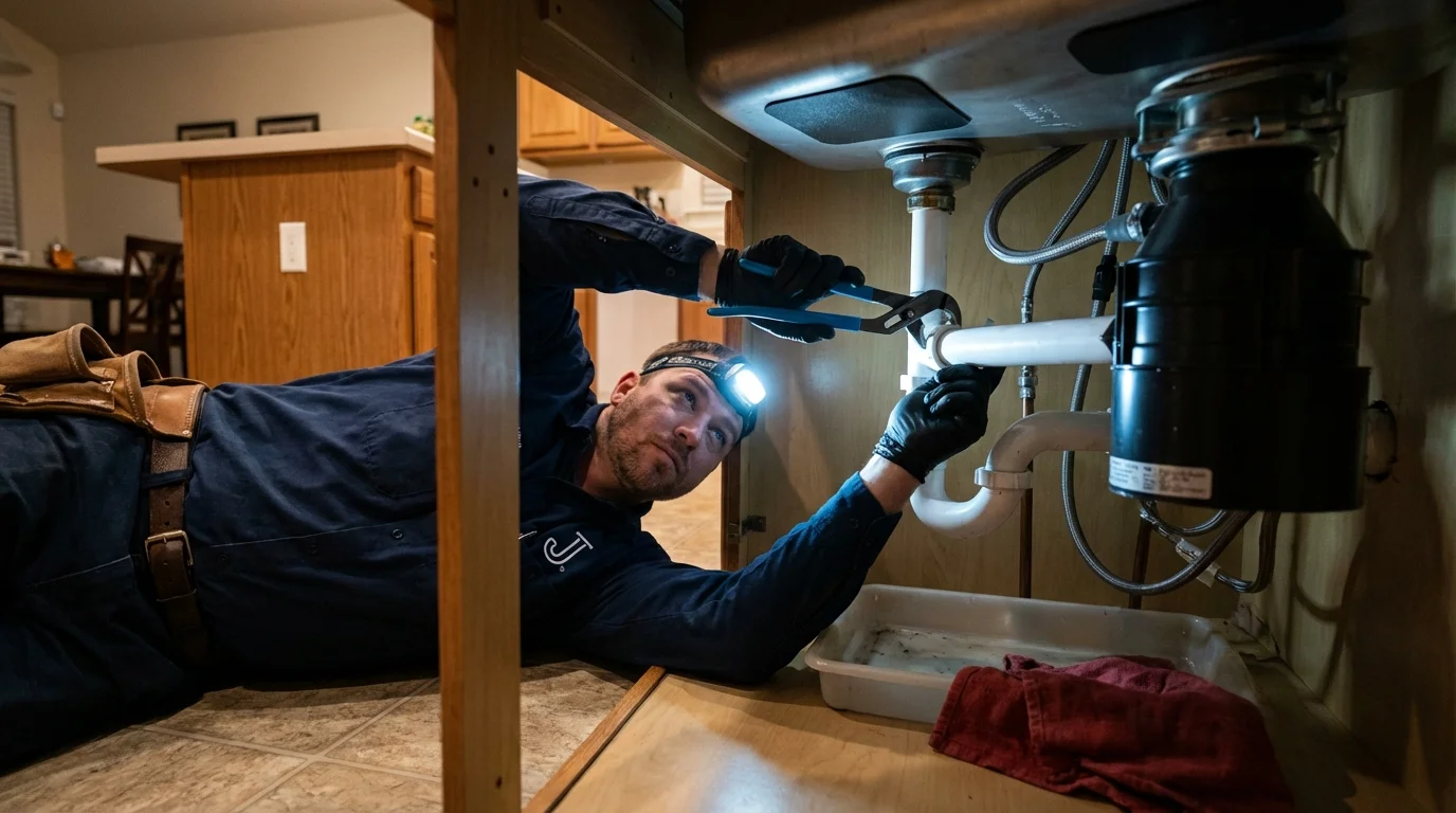 P-trap and supply line connections under a kitchen sink showing a common leak point in Mead, CO